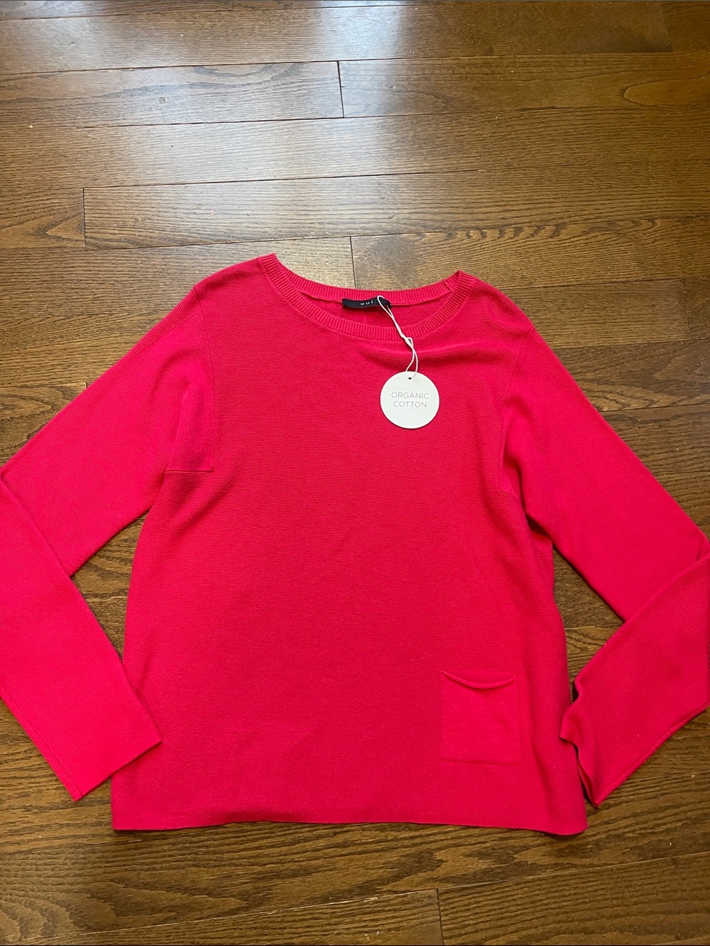 Bright Pink Crew Neck Organic Cotton Sweater with Pocket